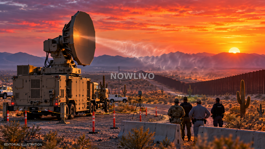 Editorial illustration of a desert border outpost, large directed-energy device, fenced landscape and observing officials at sunset; not an actual deployment photograph.