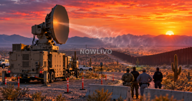 Editorial illustration of a desert border outpost, large directed-energy device, fenced landscape and observing officials at sunset; not an actual deployment photograph.