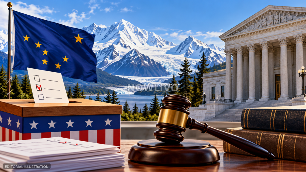 Editorial illustration of Alaska’s snowy mountains beside ballots, a ballot box, courthouse and gavel, representing a lawsuit over a possible Senate election result.
