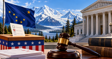 Editorial illustration of Alaska’s snowy mountains beside ballots, a ballot box, courthouse and gavel, representing a lawsuit over a possible Senate election result.