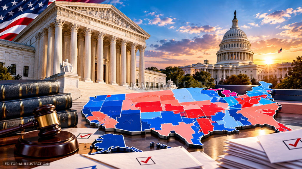Editorial illustration of the U.S. Supreme Court behind ballots and voter identification cards, representing the student-ID voting case.