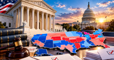 Editorial illustration of the U.S. Supreme Court behind ballots and voter identification cards, representing the student-ID voting case.