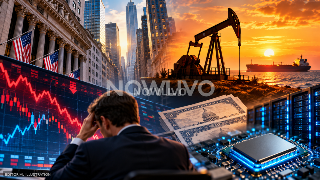 Editorial illustration of falling stock charts, Wall Street, oil infrastructure, a tanker and blue-lit computing hardware representing current market pressures.