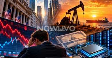 Editorial illustration of falling stock charts, Wall Street, oil infrastructure, a tanker and blue-lit computing hardware representing current market pressures.
