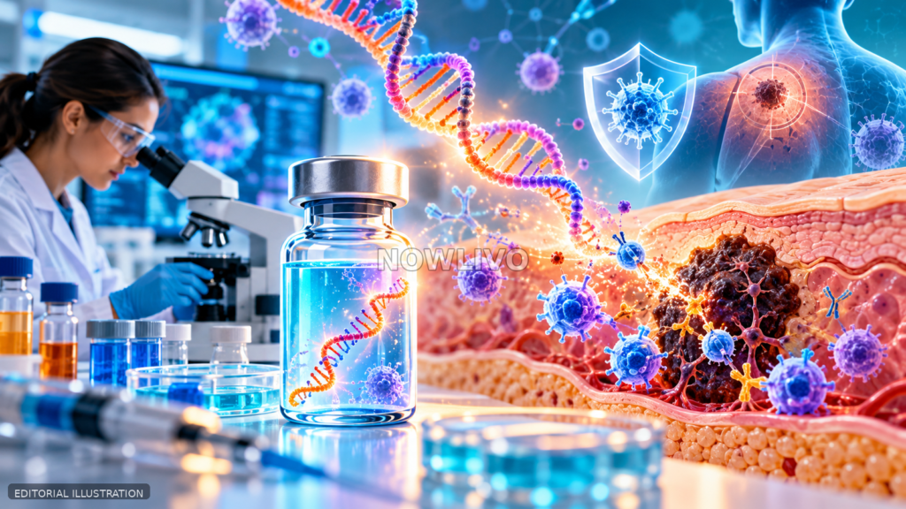 Editorial illustration of a personalised cancer vaccine vial, DNA strand, laboratory scientist and immune cells targeting melanoma tissue.