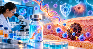 Editorial illustration of a personalised cancer vaccine vial, DNA strand, laboratory scientist and immune cells targeting melanoma tissue.