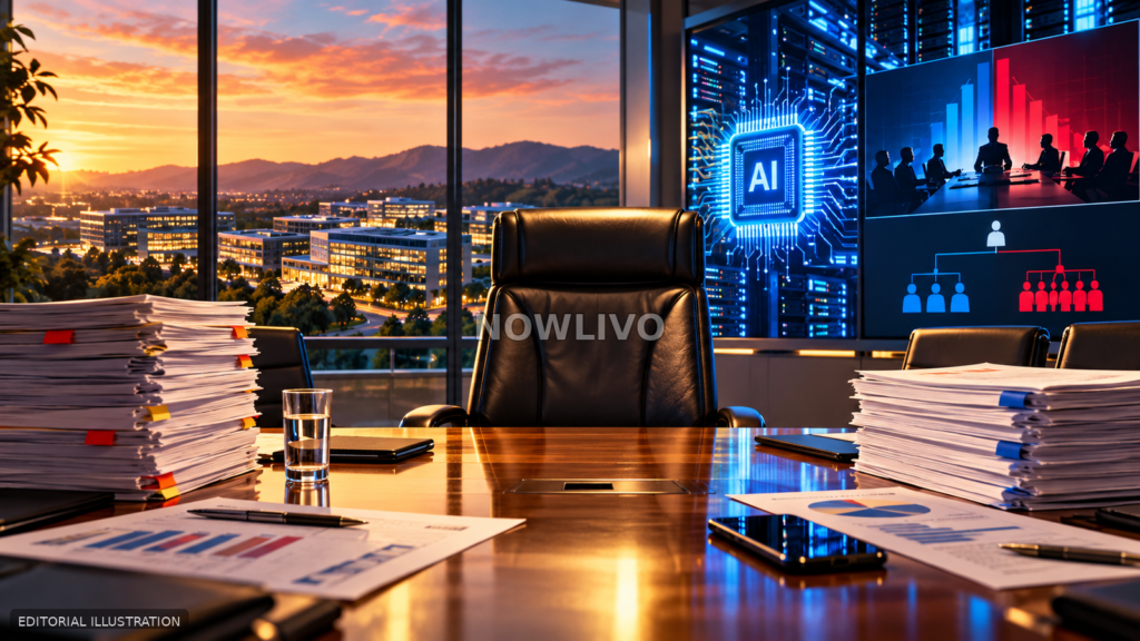 Editorial illustration of an empty executive chair, AI chip screens, corporate boardroom papers and sunset-lit technology campus.