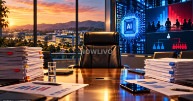 Editorial illustration of an empty executive chair, AI chip screens, corporate boardroom papers and sunset-lit technology campus.