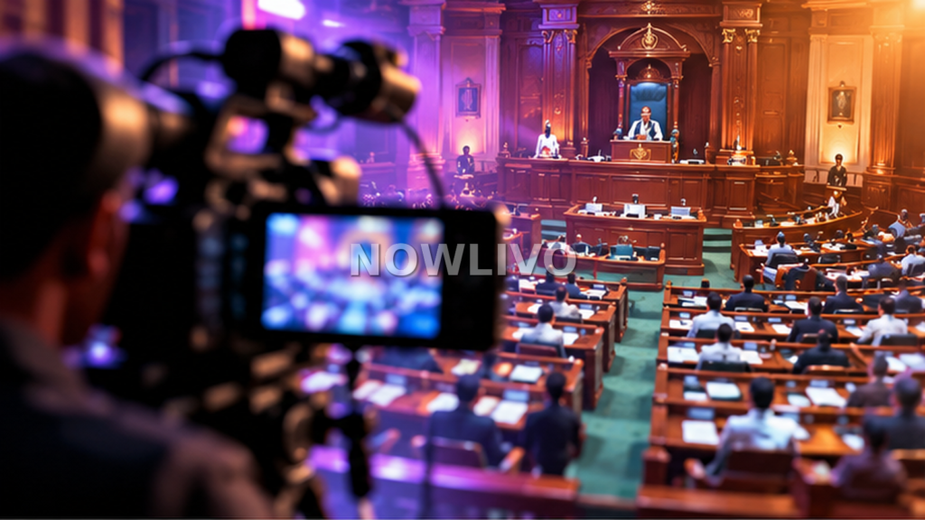 Illustration of television cameras observing a legislative chamber during a political video dispute in Karnataka
