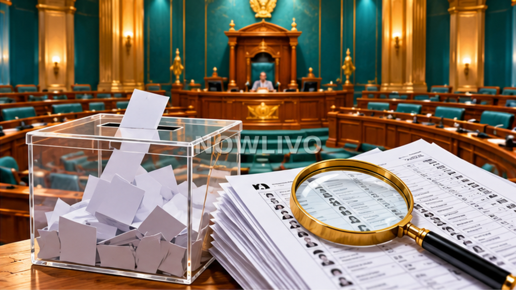 Illustration of an Indian assembly chamber with ballot papers and magnifying glass symbolizing voter-roll scrutiny