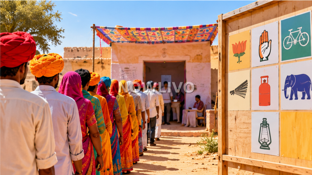 Illustration of Rajasthan villagers queueing outside a rural polling station beside election symbols