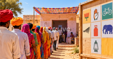 Illustration of Rajasthan villagers queueing outside a rural polling station beside election symbols