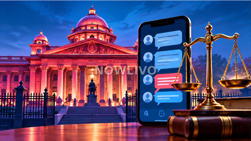 Illustration of an Indian courthouse, a smartphone showing social media conversations and scales of justice