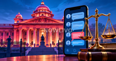 Illustration of an Indian courthouse, a smartphone showing social media conversations and scales of justice