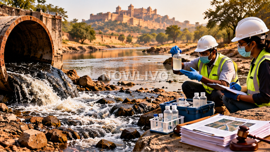 Illustration of inspectors sampling water beside a large illegal industrial discharge pipe in Rajasthan