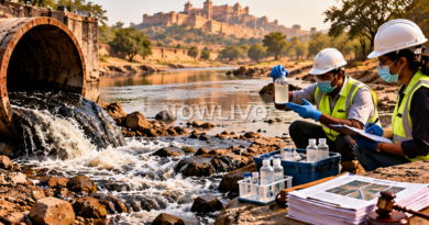 Illustration of inspectors sampling water beside a large illegal industrial discharge pipe in Rajasthan