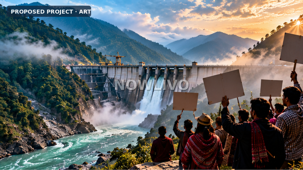 Illustration of a large Himalayan river dam proposal with peaceful protest silhouettes and mountain scenery in Arunachal Pradesh