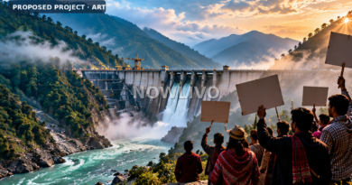 Illustration of a large Himalayan river dam proposal with peaceful protest silhouettes and mountain scenery in Arunachal Pradesh