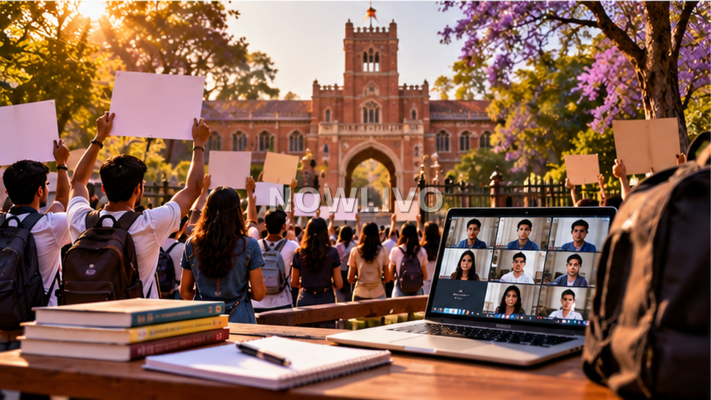 Illustration of student protesters at an Indian university gate with a laptop showing remote classes