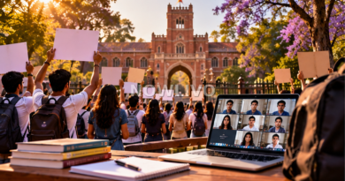 Illustration of student protesters at an Indian university gate with a laptop showing remote classes
