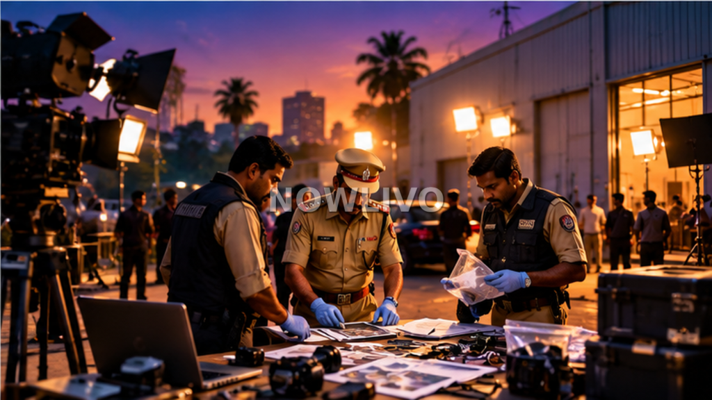 Illustration of Mumbai investigators examining evidence and police documents outside a film studio at dusk
