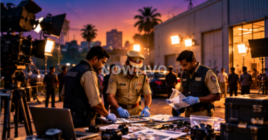 Illustration of Mumbai investigators examining evidence and police documents outside a film studio at dusk