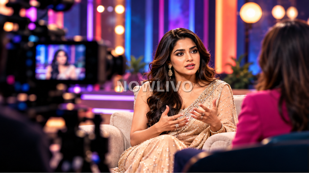 Illustration of a glamorous Indian actress speaking on a brightly lit television interview set