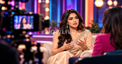 Illustration of a glamorous Indian actress speaking on a brightly lit television interview set