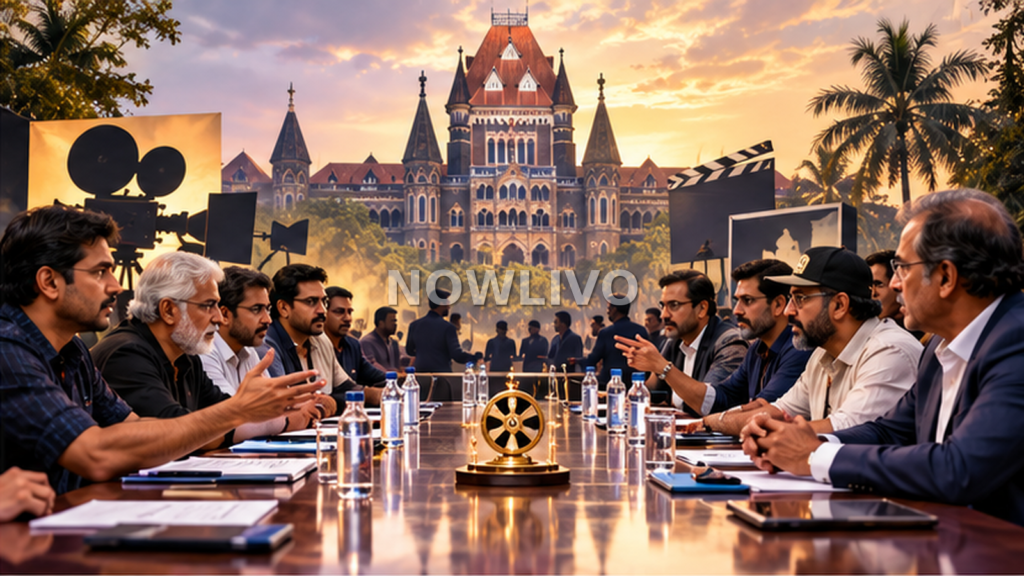 Illustration of film and television industry representatives debating at a conference table outside Bombay High Court