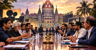 Illustration of film and television industry representatives debating at a conference table outside Bombay High Court