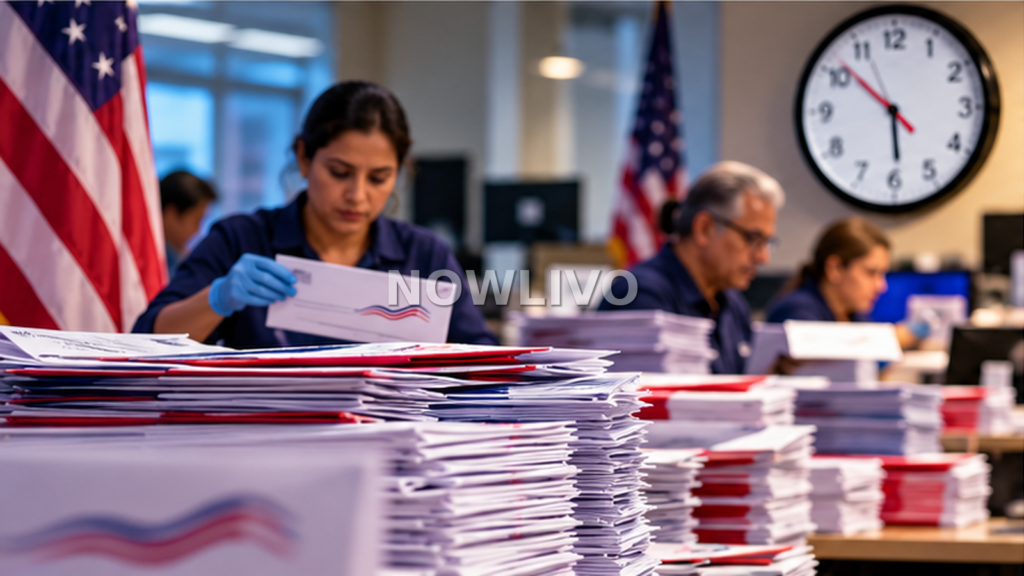 Illustration of American election officials sorting mail ballots in a county office with flags and records
