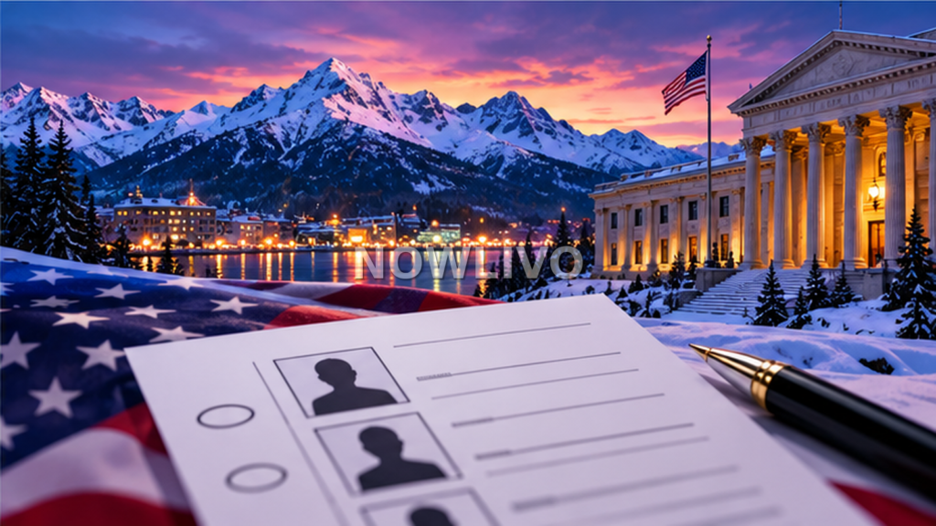 Illustration of Alaska mountains, a courthouse and a ballot featuring distinct candidate silhouettes