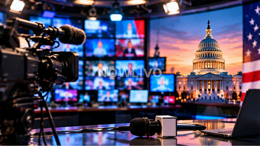 Illustration of a US television broadcast studio with microphones, cameras and Capitol dome backdrop