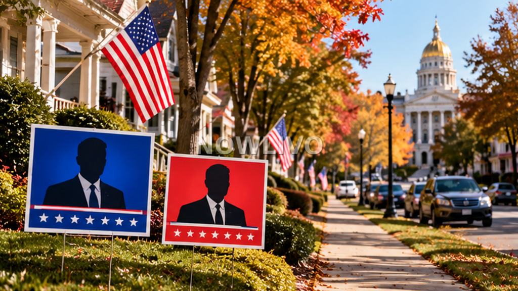 Illustration of campaign signs in an autumn New Jersey neighborhood near a state capitol building