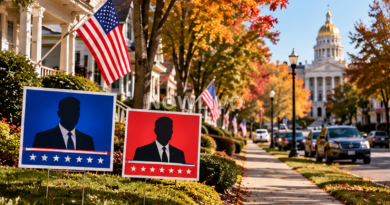 Illustration of campaign signs in an autumn New Jersey neighborhood near a state capitol building