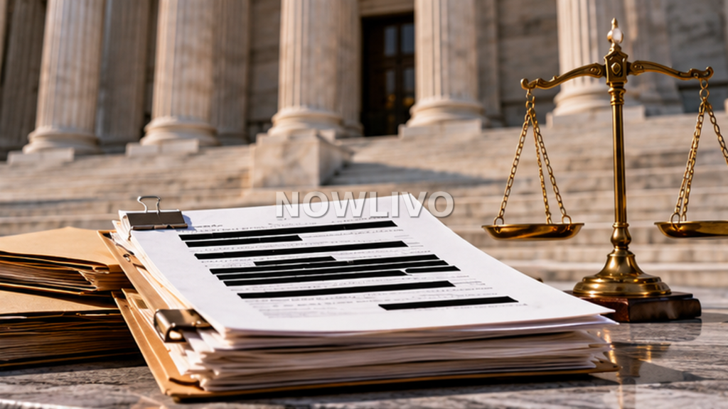 Illustration of redacted legal files, court steps and scales of justice symbolizing an investigation-record transparency dispute