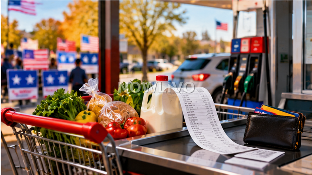 Illustration of a US grocery cart, fuel pump, receipts and campaign signs representing household costs