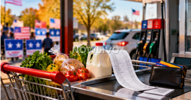 Illustration of a US grocery cart, fuel pump, receipts and campaign signs representing household costs