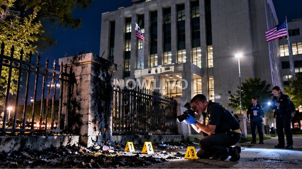 Illustration of investigators documenting scorch marks and evidence outside a federal office building at night