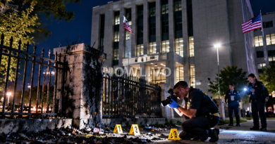 Illustration of investigators documenting scorch marks and evidence outside a federal office building at night