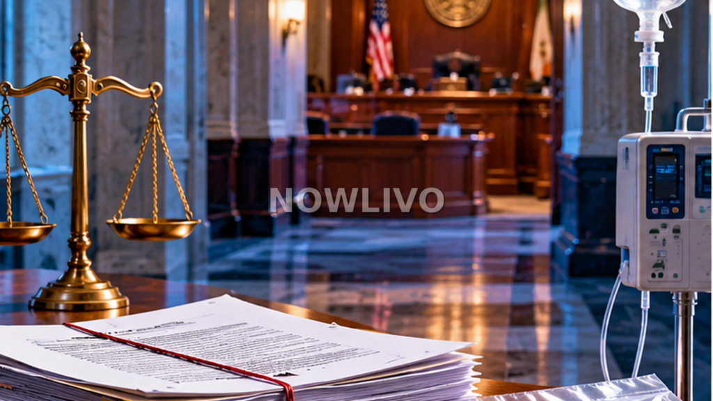 Illustration of court files, sealed medical evidence, an IV stand and scales of justice in a Tennessee legal inquiry