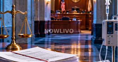 Illustration of court files, sealed medical evidence, an IV stand and scales of justice in a Tennessee legal inquiry