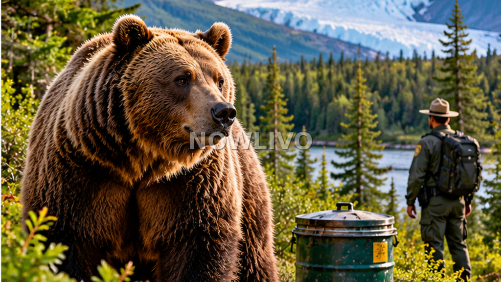 Illustration of an Alaskan grizzly bear in forest and mountains with a distant wildlife ranger