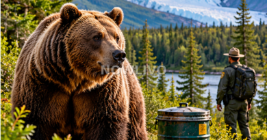 Illustration of an Alaskan grizzly bear in forest and mountains with a distant wildlife ranger