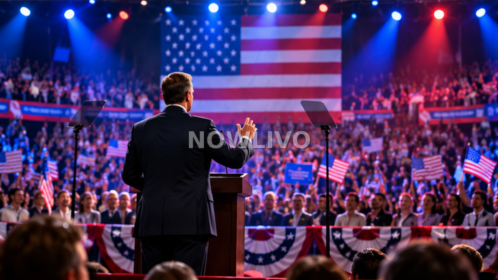 Illustration of a suited Republican campaign speaker addressing a large crowd before American flags