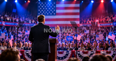 Illustration of a suited Republican campaign speaker addressing a large crowd before American flags