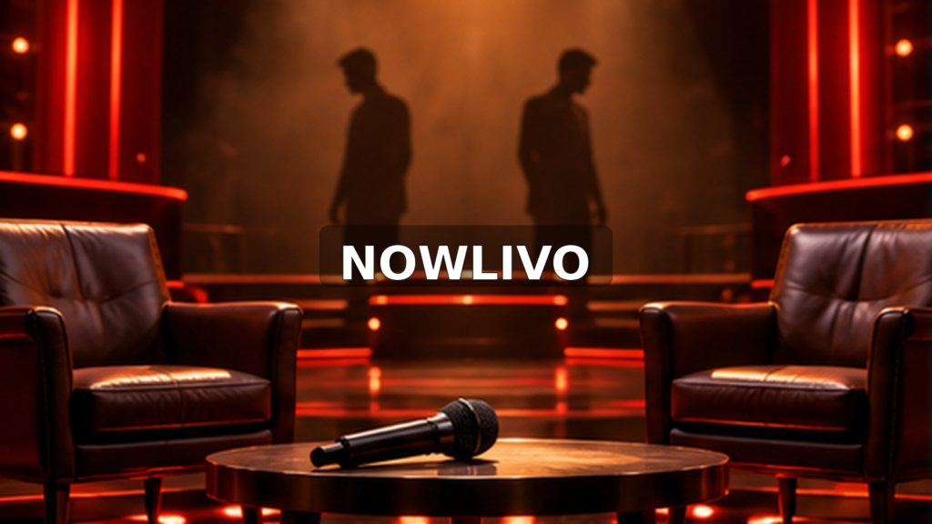 Conceptual amber television interview stage with two empty chairs, a microphone and distant anonymous silhouettes, illustrating Hindi Bigg Boss weekend scrutiny.