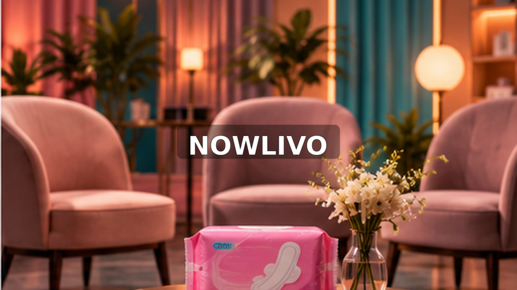 Conceptual warm rose-and-teal discussion lounge with two empty chairs, flowers and an unopened sanitary-pad packet on a table; no real contestants depicted.