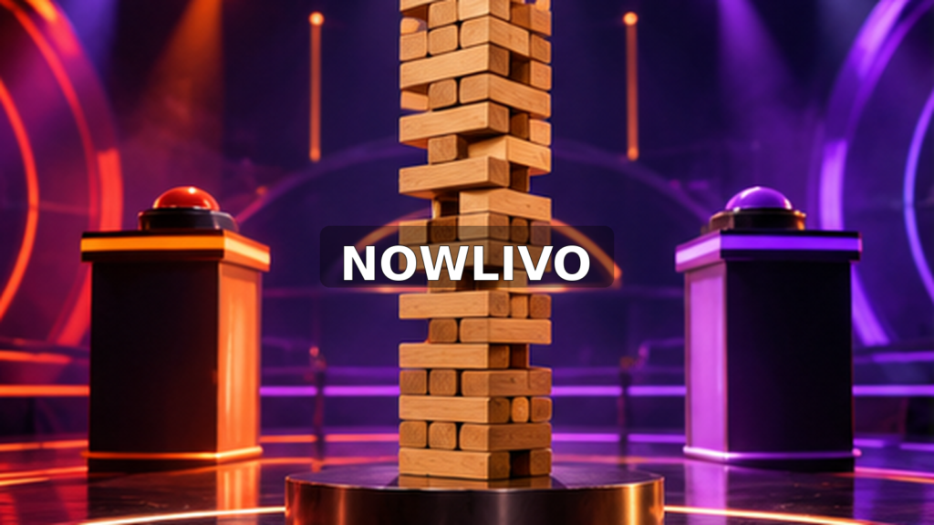 Conceptual purple studio competition featuring a tall stack of wooden blocks and two empty contestant podiums, representing Kannada Bigg Boss captaincy.