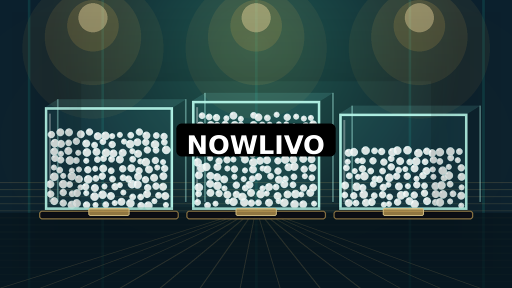 Conceptual teal game stage with three transparent containers filled with white foam balls and a centered NOWLIVO watermark, illustrating a Malayalam Bigg Boss thermocol challenge.